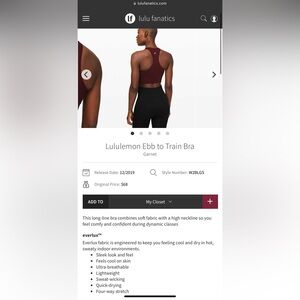 Lululemon Ebb to Train Bra size 6- pads can be included if desired